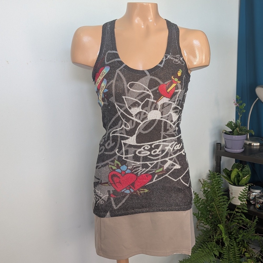 Ed Hardy Racerback Tank Top Womens Small Grey Tattoo Graphic Metallic Y2K EHW244